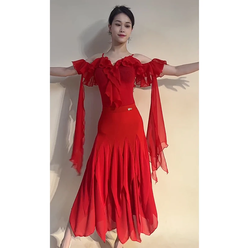 Red Ballroom Dance Clothes Off Shoulder Ruffled Tops Long Skirt Waltz Dance Dress Performance Costume Latin Competition Dress - Image 5