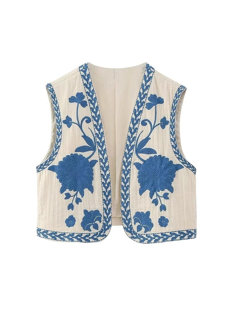  TRAF Women Fashion Floral Embroidery Waistcoat Vintage Sleeveless Front Open Female Outerwear Chic Vest Tops