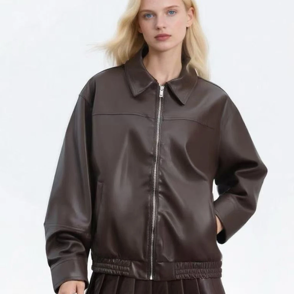 

Fashion Jacket Women Motorcycle Style Short Coat Autumn Winter Clothes for Women Long Sleeves Loose Fit PU Leather Outwear