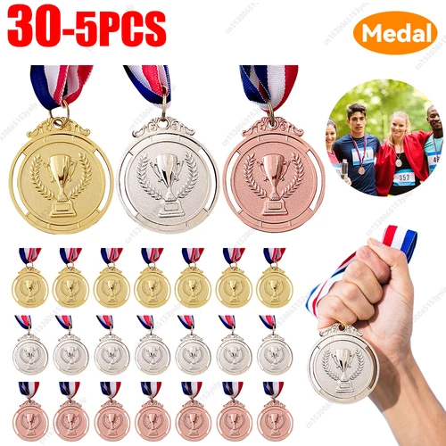 Imagen 2 del producto 1-30 Medalla de premio de bronce dorado y plateado de recompensa ganadora con cinta para el cuello Medalla de primer y segundo y 3.o premio para competición deportiva para niños
