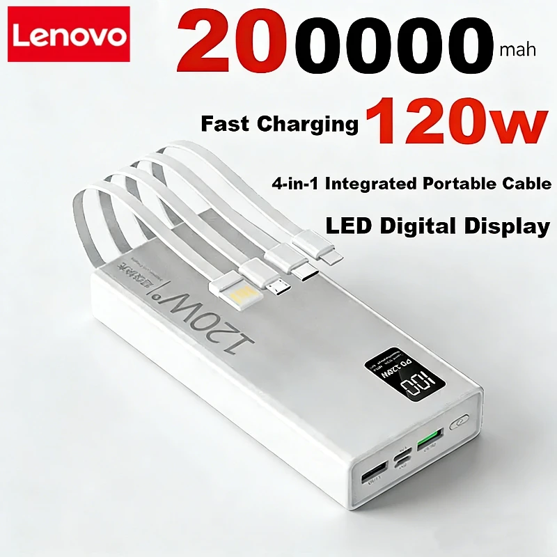 

Высокоемкостный PowerBank Lenovo 120 Вт, 200000 мАч, с портативными кабелями 4-в-1 для быстрой зарядки, портативное зарядное устройство для iPhone и Samsung