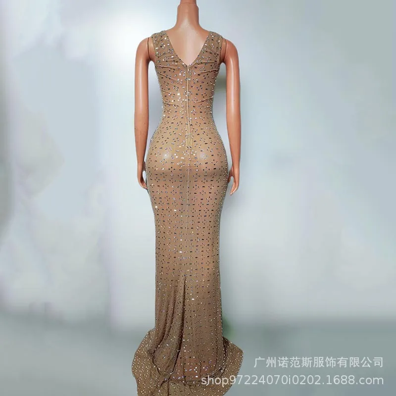 Moda carne finta lusso diamante brillante temperamento abito modello adulto passerella moda incontro annuale abito da sera abiti da festa