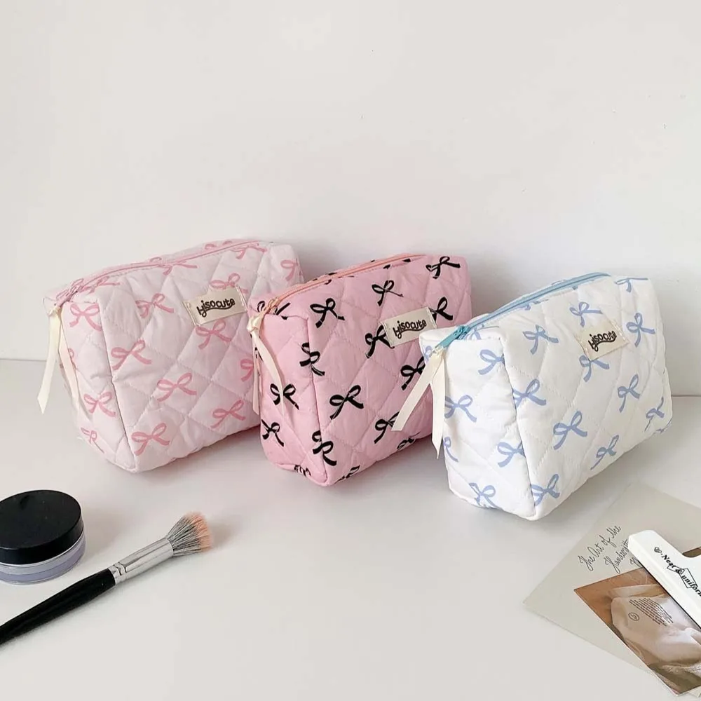 Borsa per cosmetici con fiocco per riporre pennelli per trucco portatile Custodia per cosmetici Custodia per il lavaggio Borsa per trucco con fiocco Portamonete in tessuto con cerniera Bowknot da viaggio