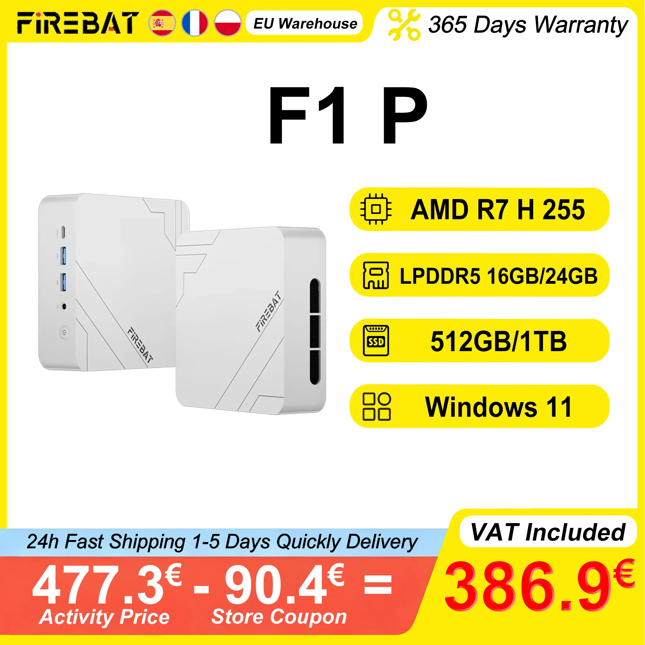 FIREBAT F1 P Mini-PC 16GB/24GB LPDDR5 5600MHz 512GB/1TB SSD AMD Ryzen 7 H 255 Win11 Pro Wi-Fi 6 BT5.2 USB4.0 Gaming Desktop Mini-Computer