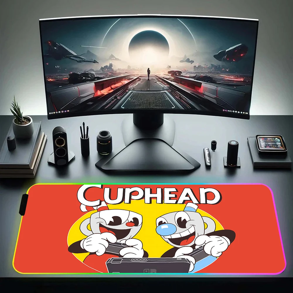 Cartoon Cute Cuphead RGB Pc Gamer Keyboard Mouse Pad Mousepad LED Glowing Mouse Mats Rubber Gaming Computer Mausepad Funda