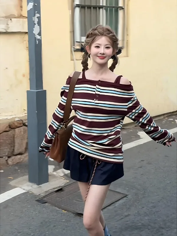 

plus Size American Retro Striped One oulder Long Sve T-irt Slimming Beautiful Sexy Early Autumn New Sle Top for Women