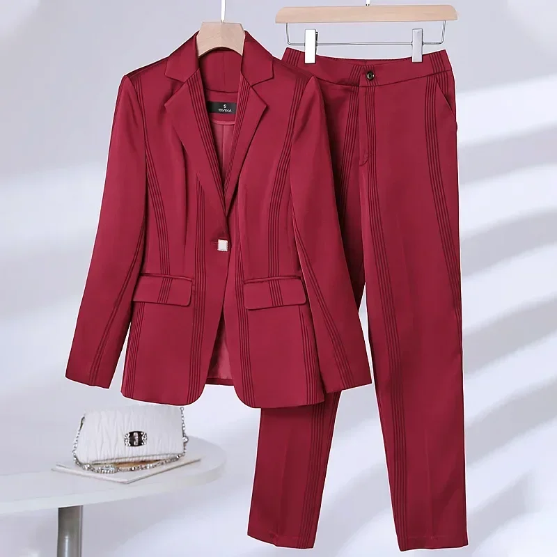 

Red Pinstripe Women Suit Pants Set 2 Piece Blazer+Trousers Female Spring Office Lady Business Work Wear Formal Coat Prom Dress