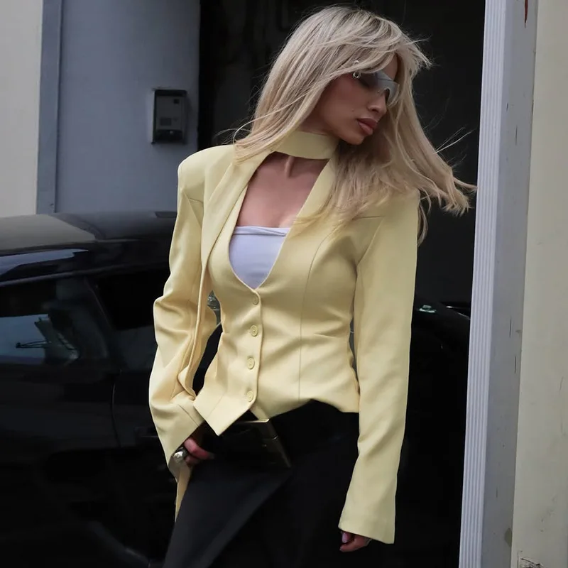 

Women's Solid Color Fitted Blazer Deep V-Neck Button Detachable Choker Split Cuffs Stylish Elegant Office & Evening Outerwear