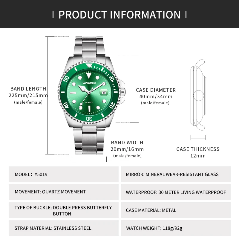 YASHIDUN Luxury Couple Pair Watch Waterproof Luminous Date Quartz Wristwatch Stainless Steel Watches for Woman Men Green Watch