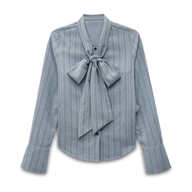 EGGKA Bow Bandage Striped Blouse Women\'s Autumn Casual Shirts Commuter Long-sleeve Shirt Korean Fashion OL Blue Blouse Camisas