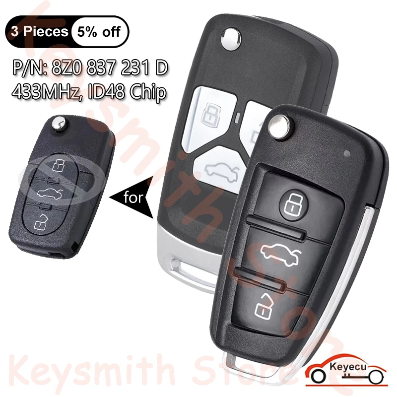 KEYECU 3 Buttons 433MHz ID48 Chip for Audi Upgraded Flip Remote Control Key Fob P/N: 8Z0837231D, 8Z0 837 231D, 8Z0 837 231 D