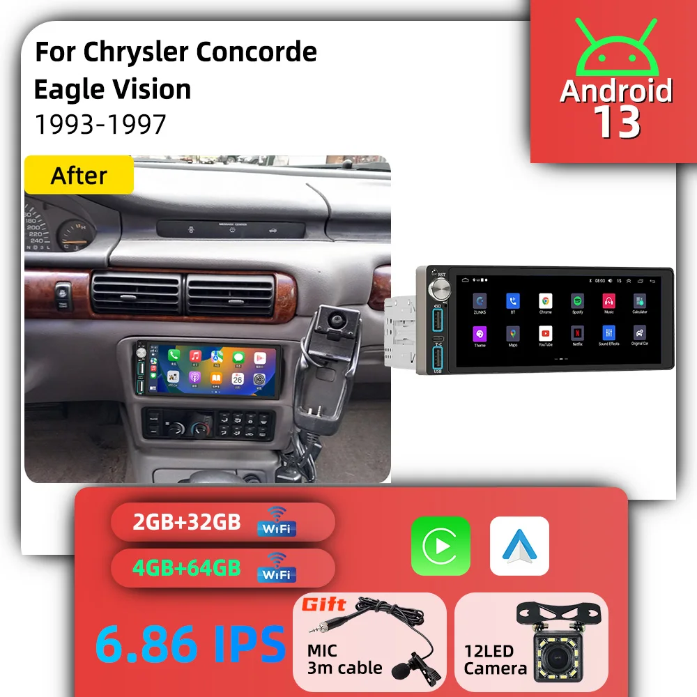 Autoradio Estéreo 1 DIN de 6.86 Pulgadas con Sistema Android para Chrysler Concorde Eagle Vision 1993-1997, Unidad Principal Multimedia para Automóvil con GPS y Carplay