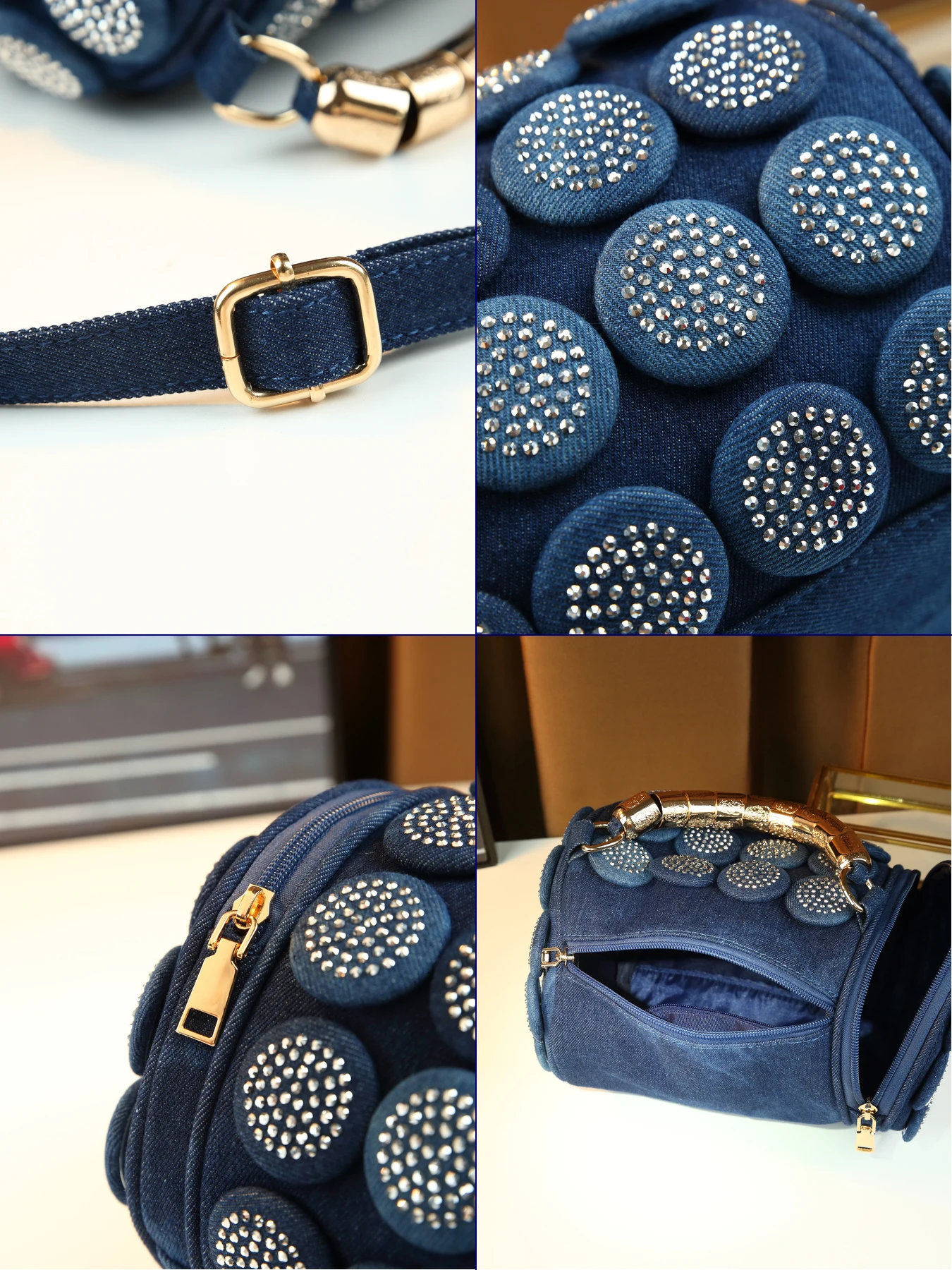 Light luxury denim hot diamond cylinder bag, unique handle design trendy handbag