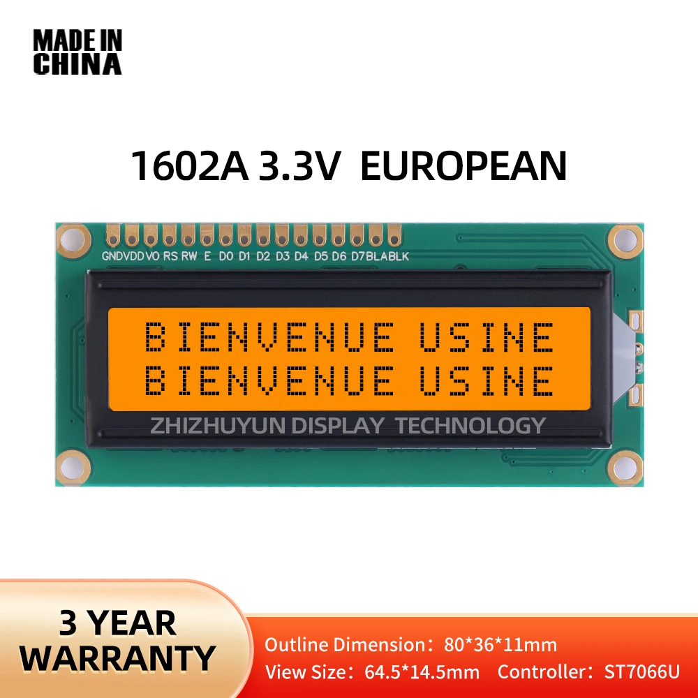 Lcd 1602a 3.3V Europese Karakter Scherm Oranje Lichtgrijze Film Zwart Woord Lcm Module Meerdere Lettertype Karakter Scherm