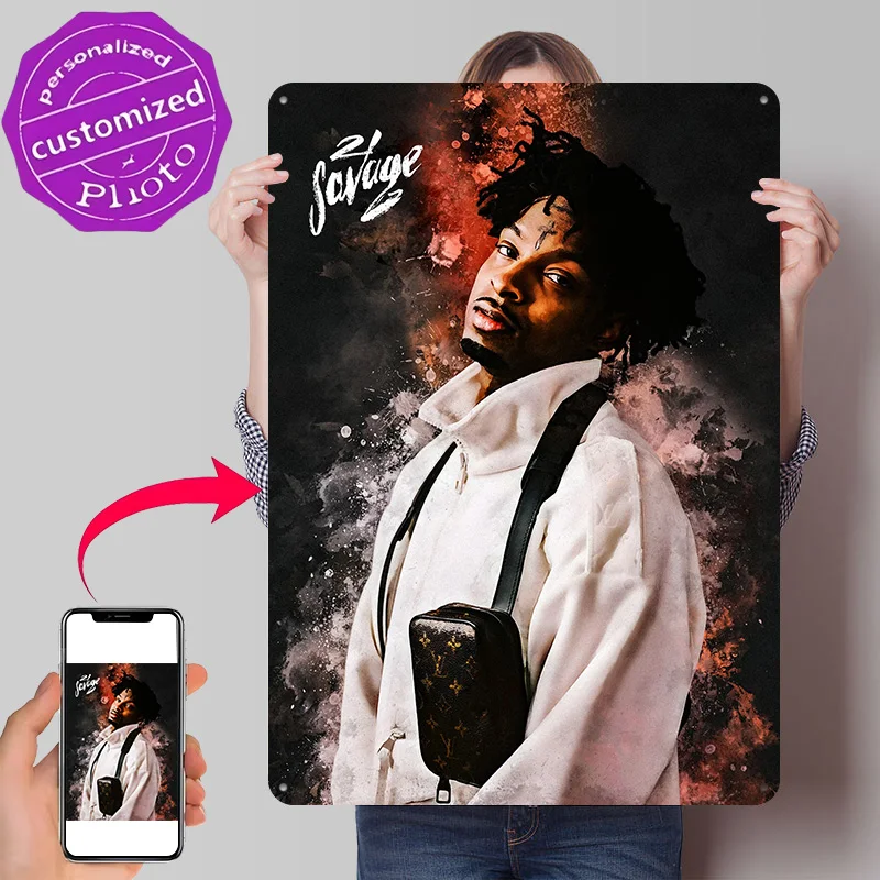21 Savage Portrait Poster Retro 3D Printed Metal Signs Customized Wall Hanging Gift for Decor Luxury Decoration Home Decor Items