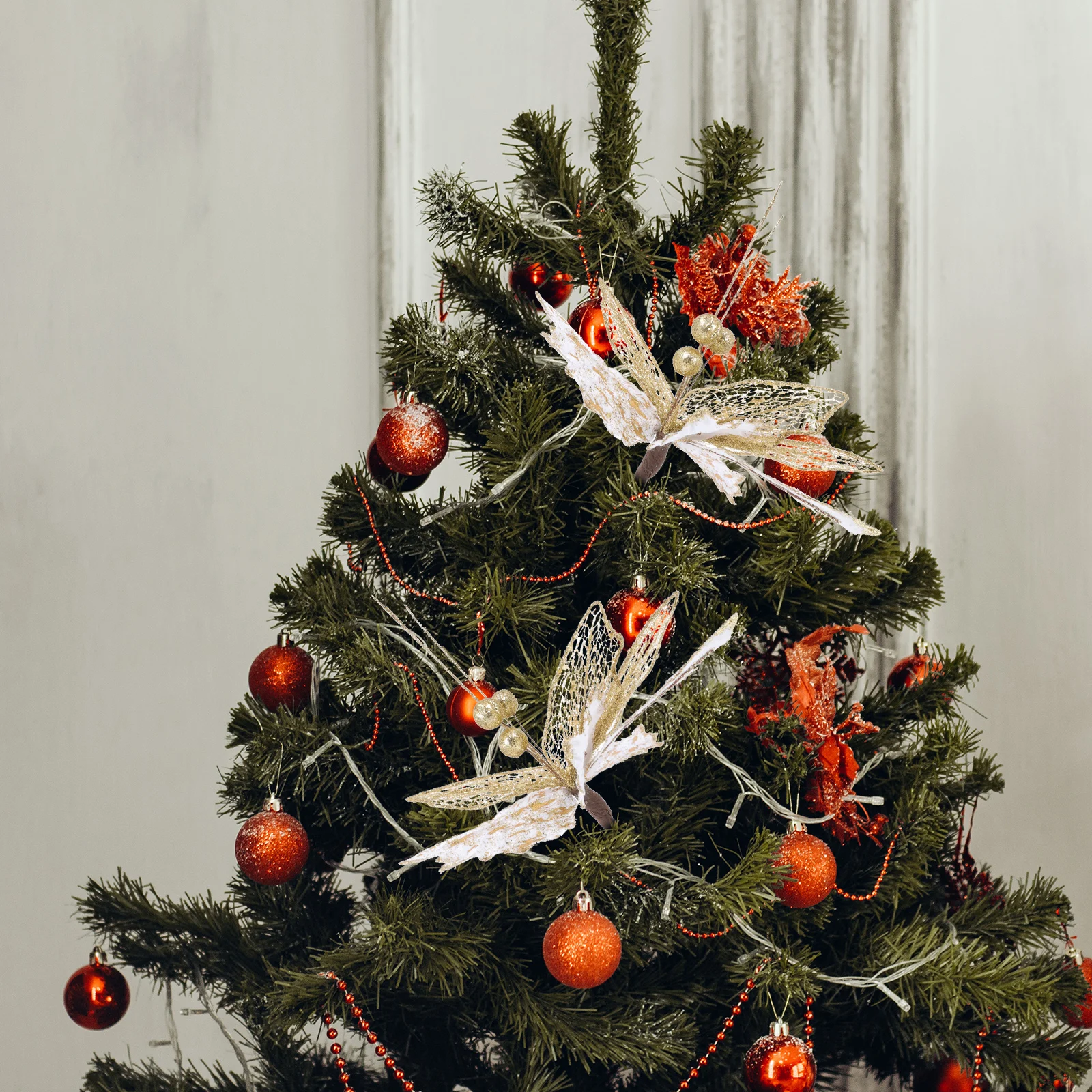 

2pcs Christmas Artificial Flowers Simulation Flower Branches Golden for Indoor Outdoor Party Decoration Wreath DIY Table