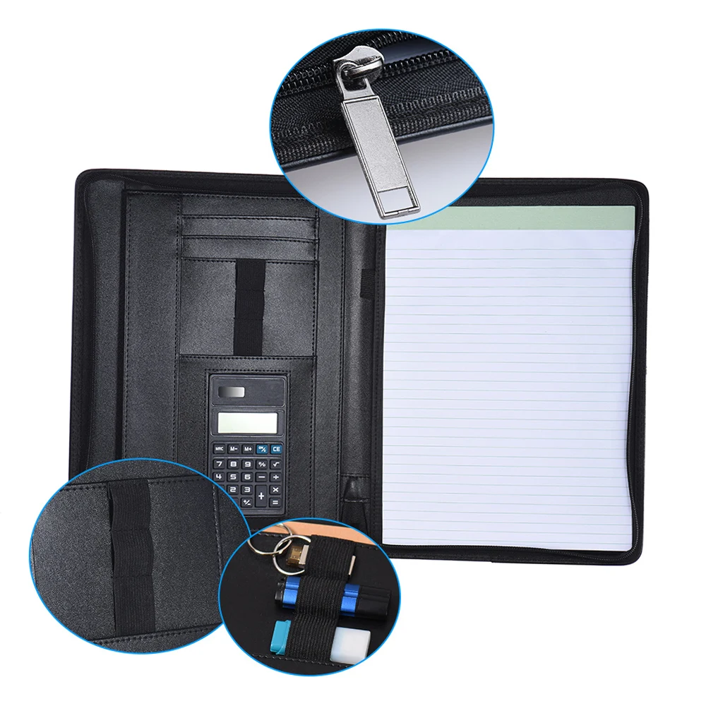 Portafolio de negocios profesional multifuncional, carpeta Padfolio, estuche para documentos, organizador A4, cierre de cremallera de cuero PU con almohadilla