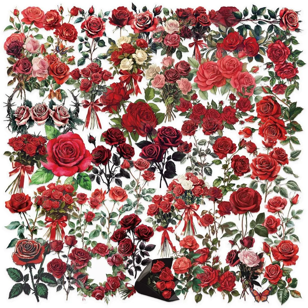 50PCS Transparent Vintage Red Rose Sticker Pack Waterproof Clear PET for Scrapbook Guitar Notebook Decor RecordingYourLife Store