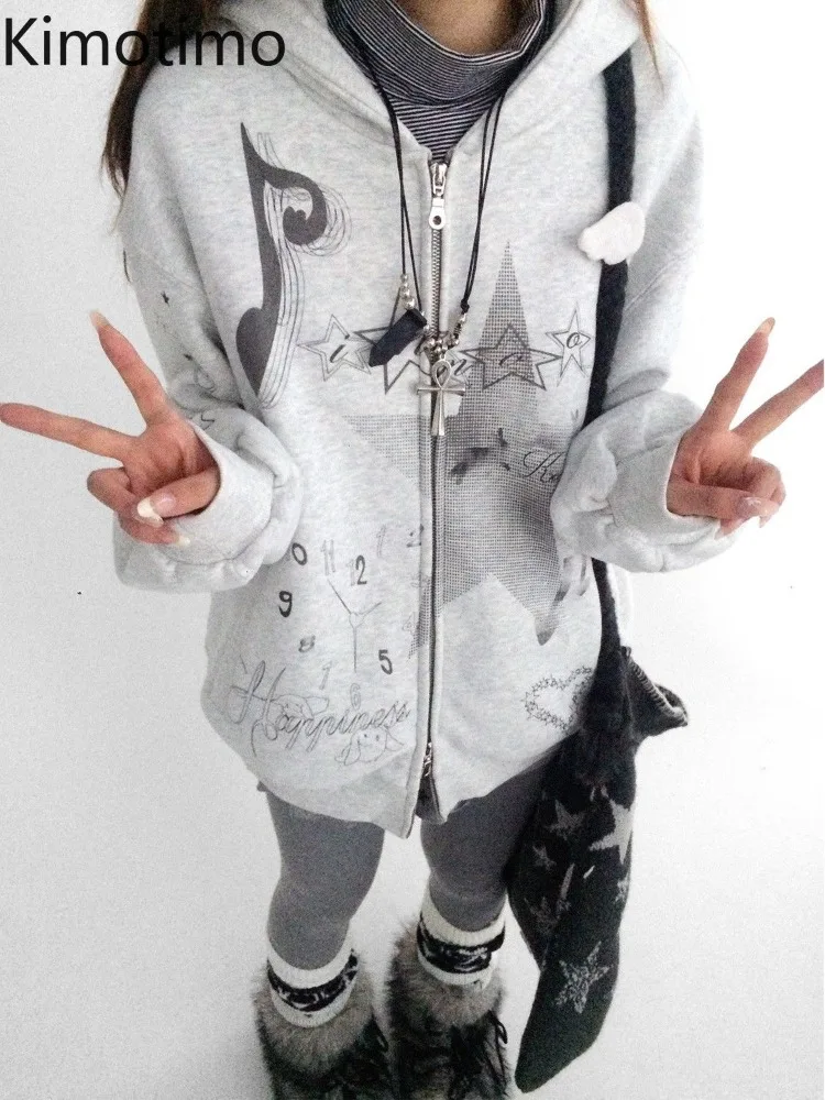 

Kimotimo Hoodies Women Vintage Graphic Print Zipper Loose Versatile Hooded Coats Punk Street Y2k Aesthetic Grunge Sweatshirts