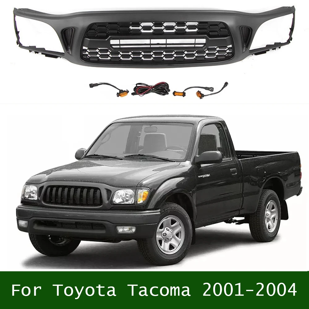 

For Toyota Tacoma 2001-2004 Mash Grill With 3 LED Lights Front Bumper Grille Trims Cover Racing Grills Black Compatible Fit