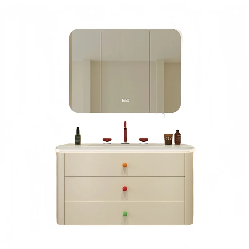 Ceramic One-Piece Cream Vanity Rubberwood Paint Finish Dopamine Handle Bathroom Combo Hand Wash Sink Furniture