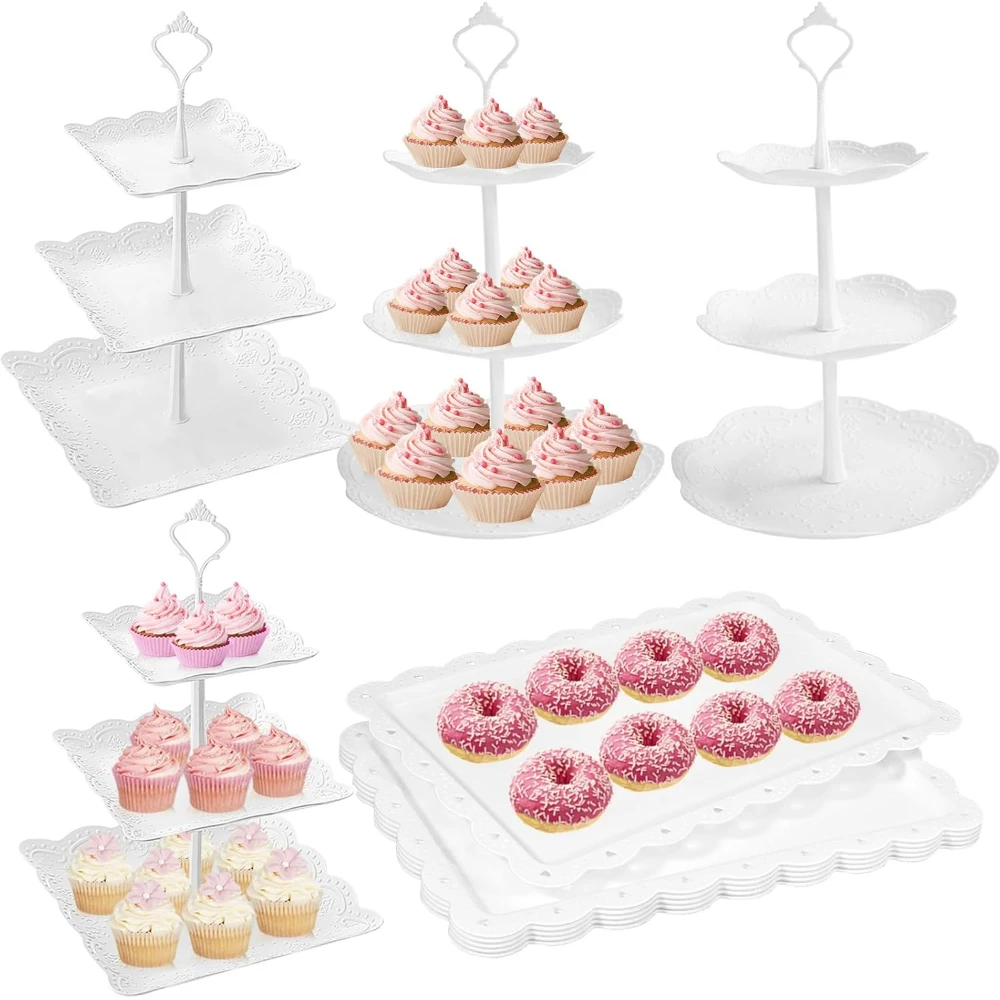 

10 Pcs Cake Stand White Plastic Dessert Table Display Set 4 Pcs 3 Tired Cupcake Stand Cookie Tray Rack and 6 Pcs Dessert Trays