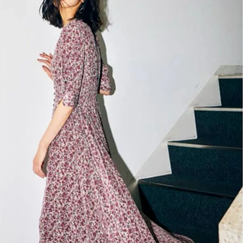 

Japanese Temperament Dresses V Neck Print Button Slim Waist Drawstring Mid Calf 2022 Summer New Women Robe