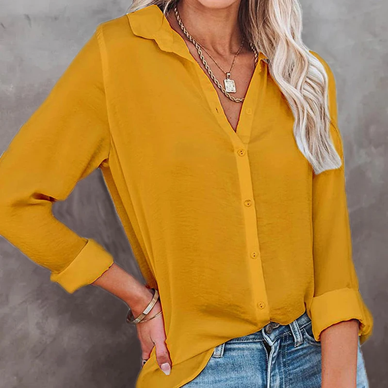 Women Shirt Casual Solid Elegant Long Sleeve Button Front Shirt Blouse Summer Tops Loose Fashion Womens Tops And Blouses