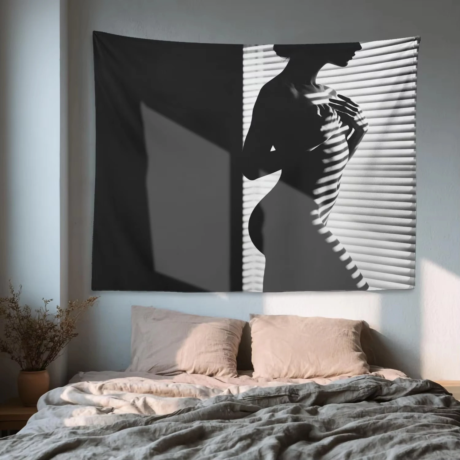 Large Black White Silhouette Tapestry, Female Body Shadow Art Print for Bedroom Living Room Modern Home Decor Gift