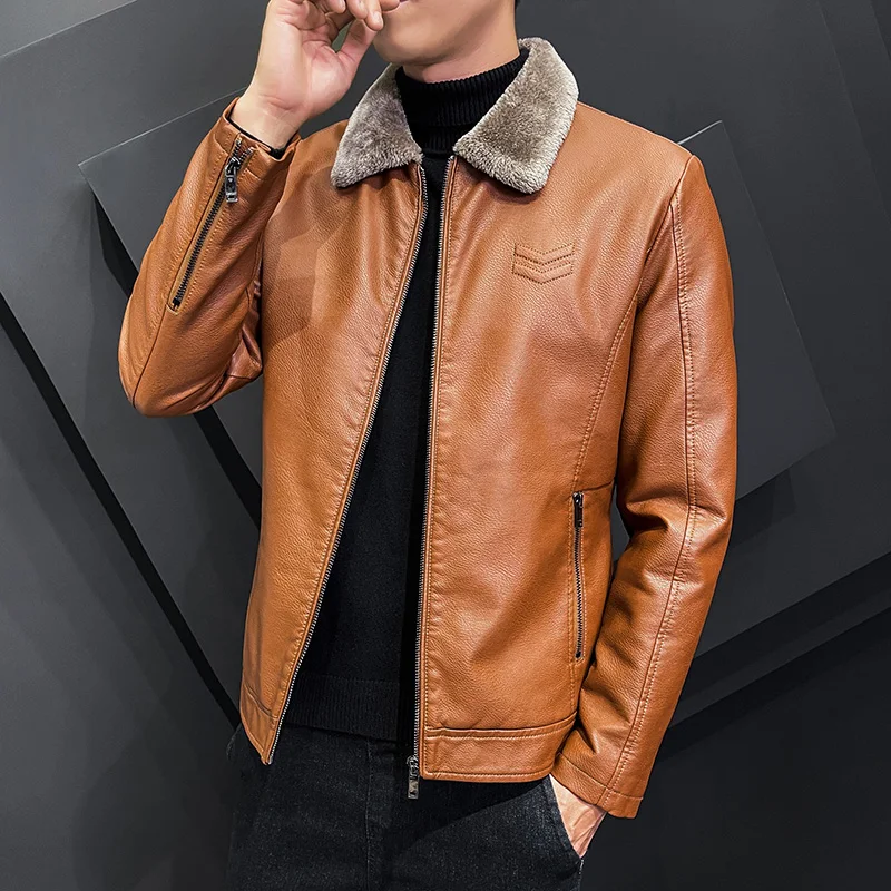 Winter Fashion Warmth Thickened Leather Jacket Lapel Solid Zipper Design Plus Size 4XL-M Bomber Coat Men's Leather Jacket