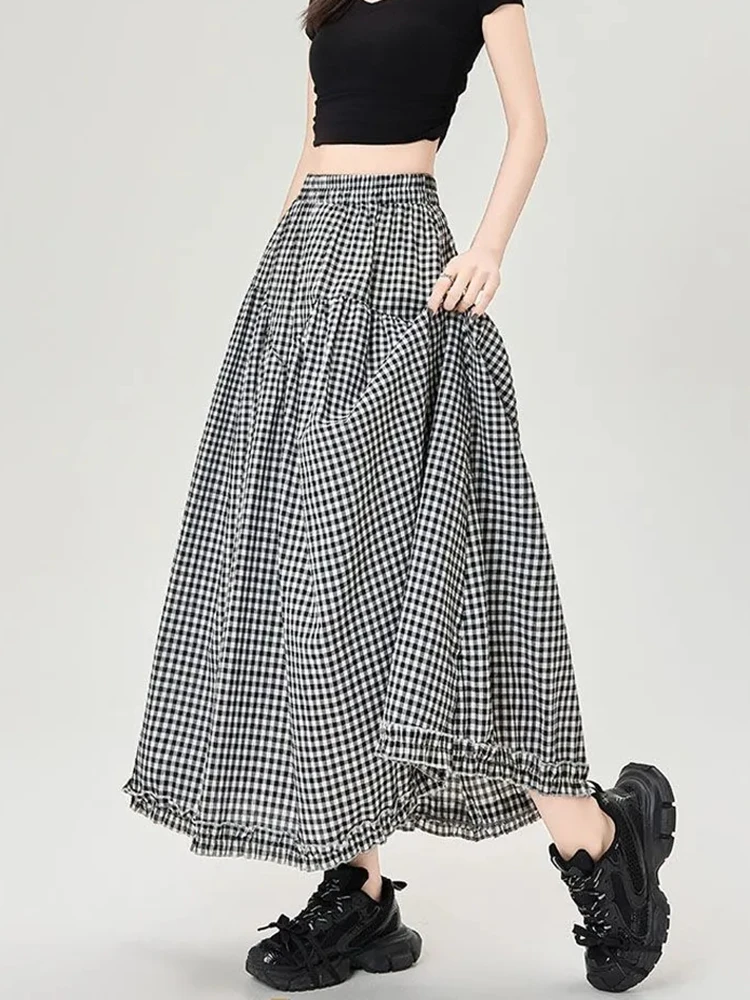 Vintage Plaid Long Skirts Women Loose Y2k High Waist A Line Skirts Japan Retro Casual All Match Black White Plaid Skirt New