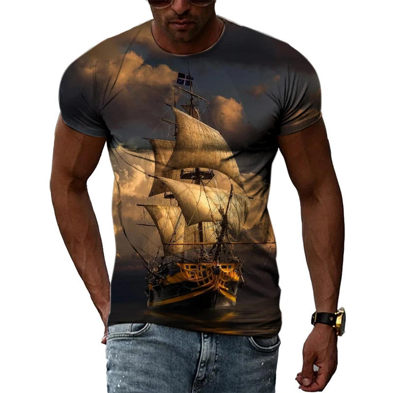 Summer Retro Sailboat graphic t shirts Fashion Men 3D Printed funny t shirts Hip Hop harajuku Personality O-neck Streetwear Tops