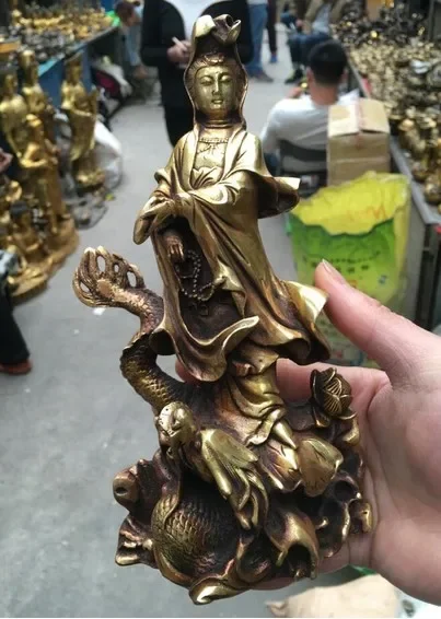 22cm Royal Chinese Bronze Gilt Dragon Kwan-Yin Quan Yin Guan Yin Goddess Statue