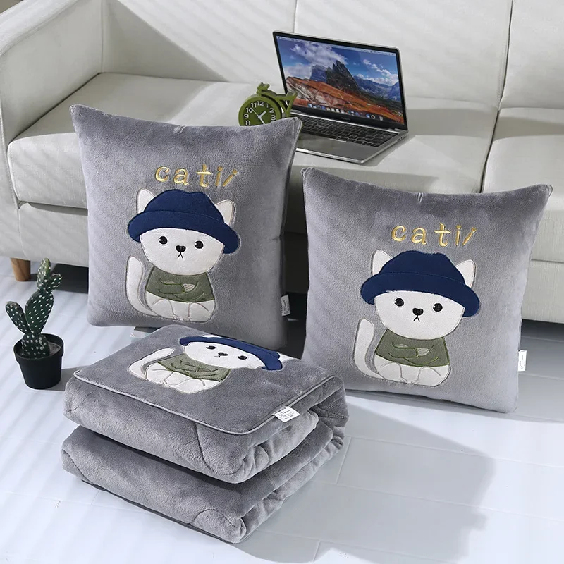 2024 thickened sticker embroidered cartoon double-sided velvet throw pillow quilt dual-purpose lunch break pillow winter quilt