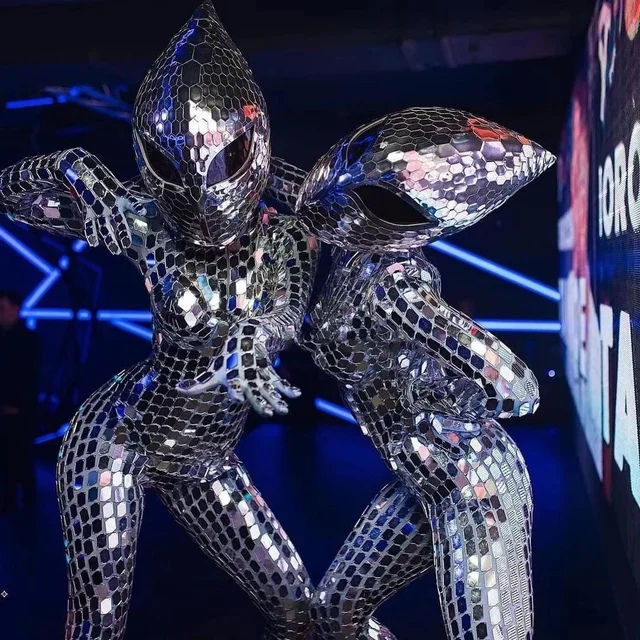 Seksowny kostium tancerza Gogo mężczyźni kobiety srebrne lustra kombinezon maska Bar Ds występ na scenie Dj strój festiwalowy Clubwear XS8816