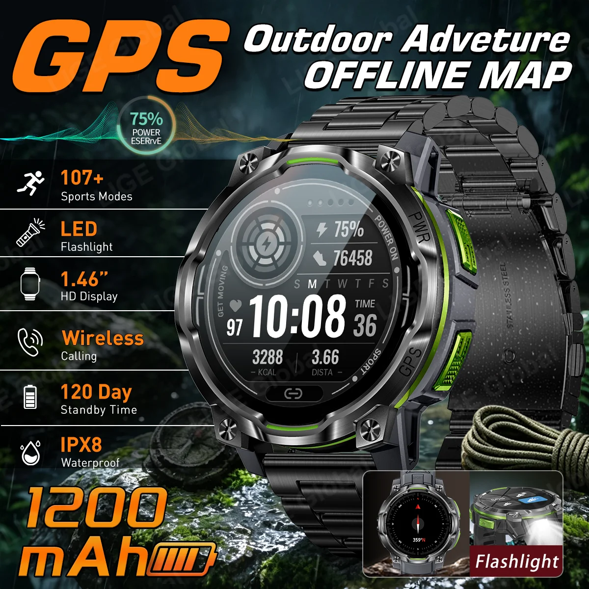 Altimeter Compass Watch - LIGE Neue GPS-Smartwatch mit Offline-Karte, 1200mAh