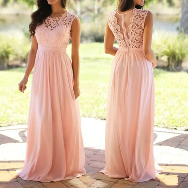 Vintage Lace Patchwork Long Dress Size S-5XL Wedding Bridesmaid Party Maxi Dress Robe Femme 2020 Vestidos Pink