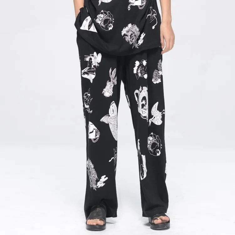 ربيع وصيف جديد قسط Qinglan زوجين القطن عارضة السراويل واسعة الساق الأزهار طباعة مستقيم قطع مريحة السراويل الطويلة