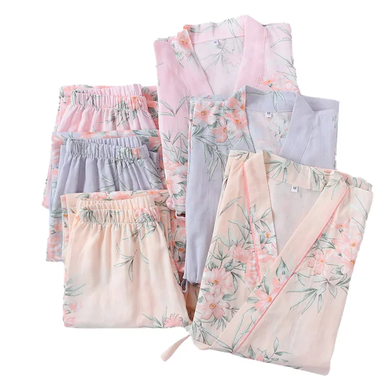 Spring And Summer New Japanese Kimono Style Women 100% Gauze Cotton Pajama Set Floral Printed Household Cardigan+Pants Sleepwear