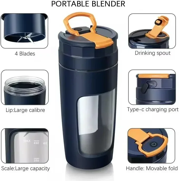 ポータブル充電式ジューサー,電気ミニジュース抽出器,4ブレードナイフ,ジュースマシン,600ml