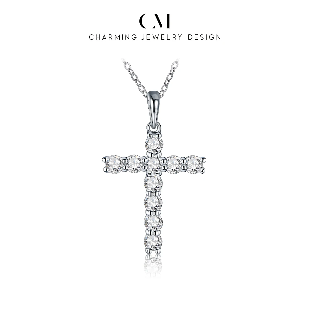 CHARMING Classic Cross Moissanite Pendant Necklace 925 SterlingSilver for Women Men Party Daily Jewelry Gift Anniversary Wedding