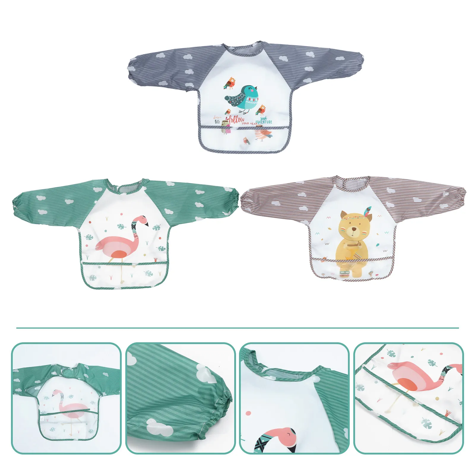 

3Pcs Waterproof Bibs Long Sleeve Baby Feeding Smock Kids Painting Clothes Durable Practical Cartoon Patterns High Density