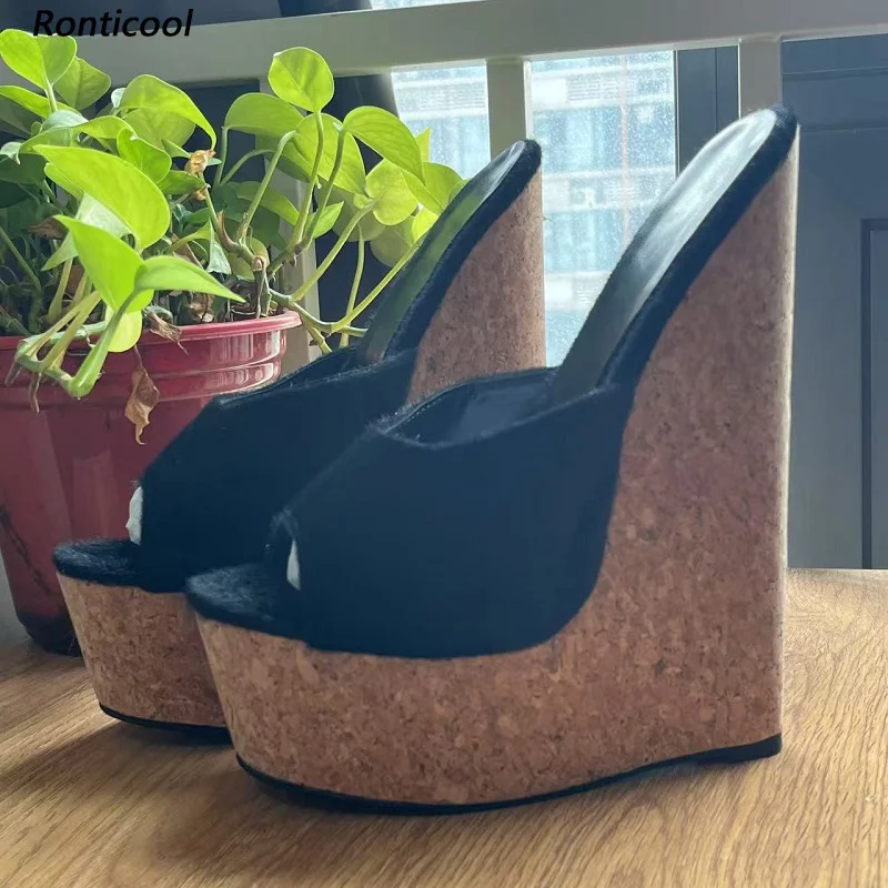 Ronticool اليدوية المرأة الأسود المهر الشعر البغل أسافين مع منصة الفلين جولة تو حذاء كاجوال أسود الولايات المتحدة حجم كبير 4-15