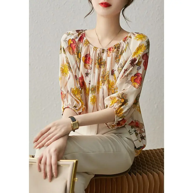 Vintage Slash Neck Shirring Lantern Sleeve Blouse Women\'s Clothing 2023 Summer New Casual Pullovers Three Quarter Floral Shirt