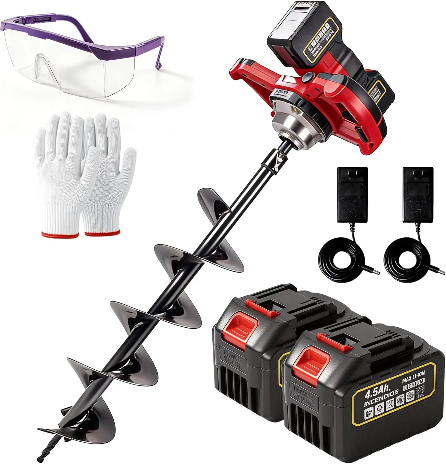 1200W 42V Cordless Earth Auger with 2x4.5Ah Batteries and Dual Chargers, 85Nm High Torque Power Digger for Hard Soil, Includes 6