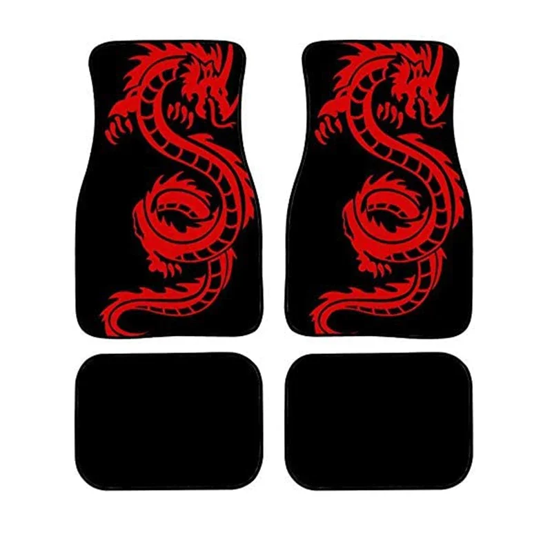 Black Background Red Dragon Pattern Design Stain-Resistant Easy To Clean Non-Slip Rubber Material 4/2PCs Car Foot Mat