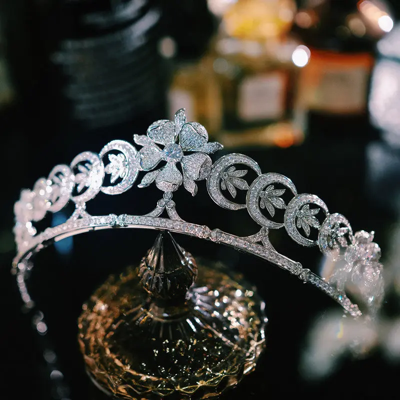 British Duchess Vintage Zircon Crown Crescent Headpiece Handmade Wedding Accessory for Brides