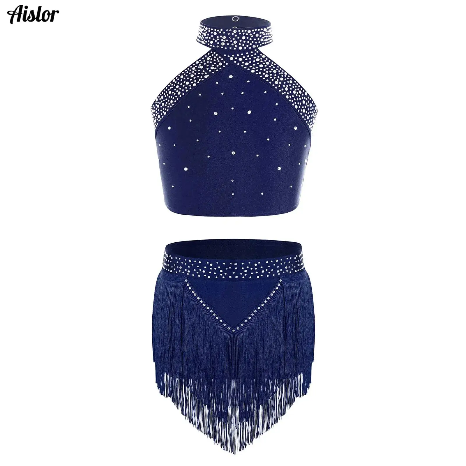 

Kids Girls Latin Dance Outfit Halter Neck Sleeveless Backless Shiny Rhinestones Vest+Skirt Shorts Figure Skating Dance Costume