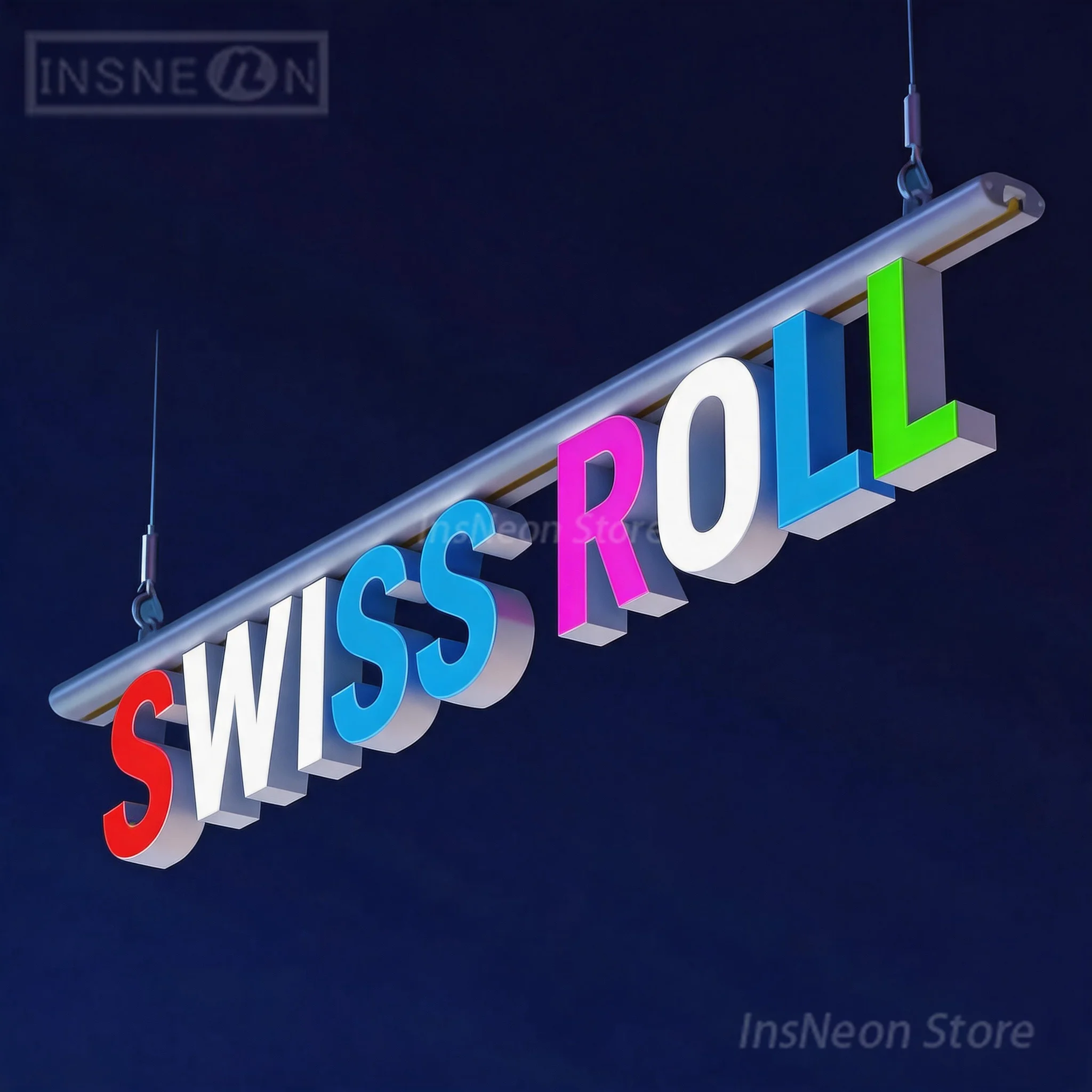 Custom Neon 3D LED Letters Signboard Swiss Roll, Advertising Business Wall Logo Luminous Outdoor Metal Acrylic Brand Sign