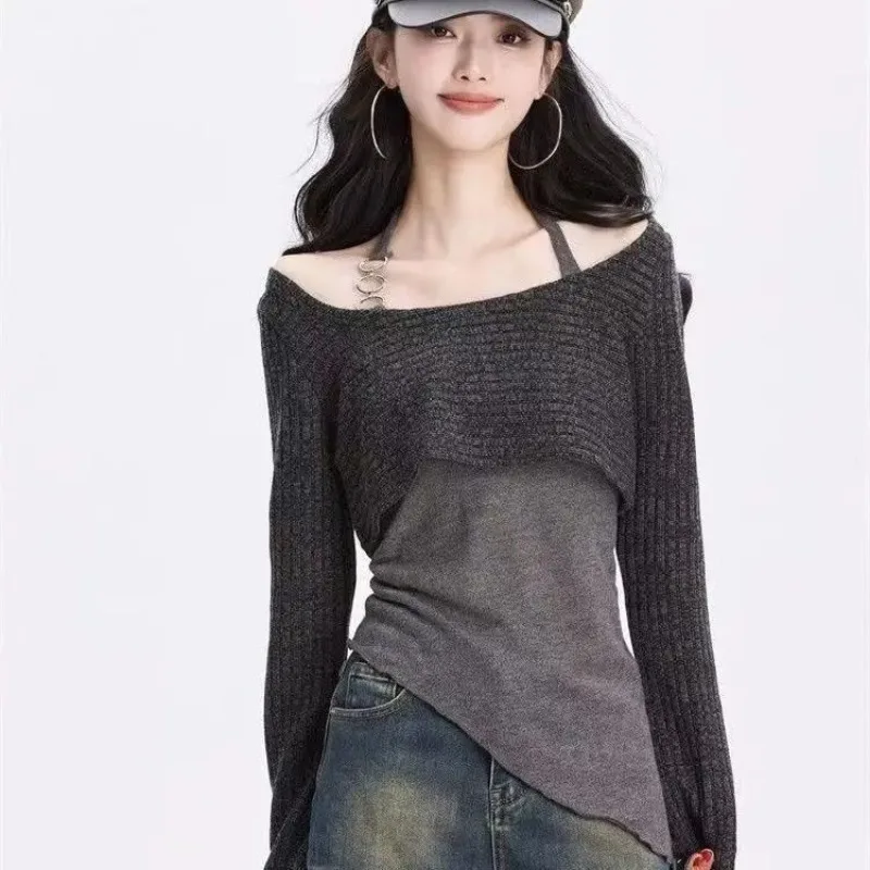 Women's 2026 Spring Summer New Tracksuit Matching Set Korean Elegant Fake Two-Piece Long Sleeve Top+Casual Cargo Pants Suit
